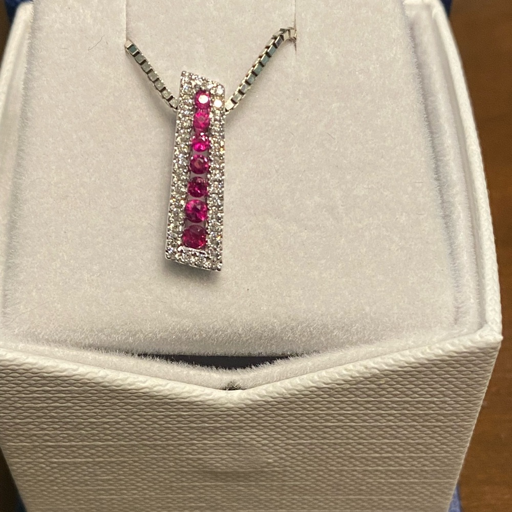 Ruby and Diamond Pendant and 20” Necklace in 14k White Gold
